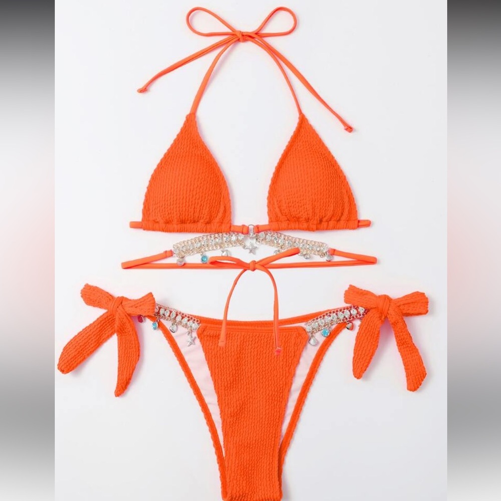 SHEIN Bright Orange Bikini with Beaded Accents